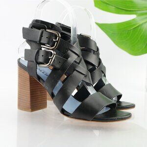 Pollini Womens Sandal Size 36.5 6.5 Black Leather Strappy Block Heel Dress Shoes